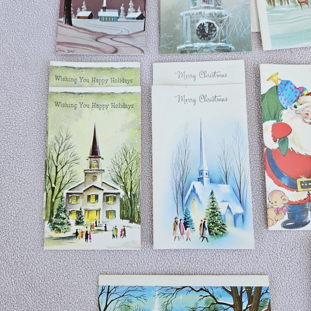 VTG Christmas Card Set of 16 Holiday Greeting Church Snow Deer Santa Mailbox